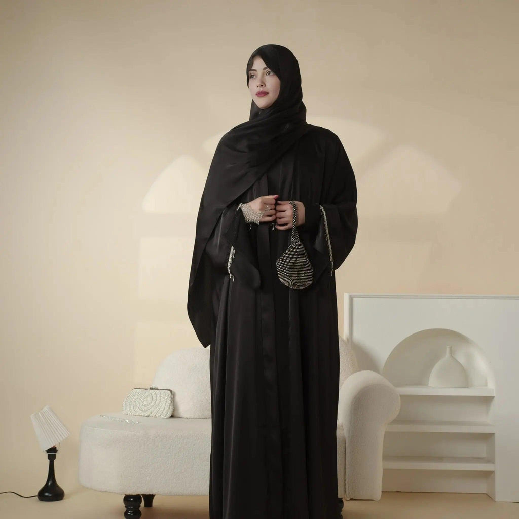Mariam's Collection Luxury Satin Abaya With Diamond Tassels Belt,  6-Piece Set (MOA041) — back view