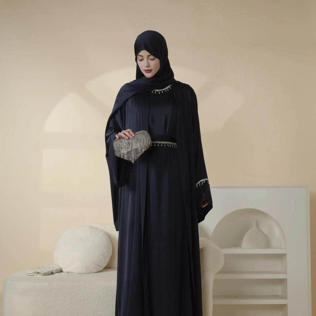 Mariam's Collection Luxury Satin Abaya With Diamond Tassels Belt,  6-Piece Set (MOA041) — flat-lay composition