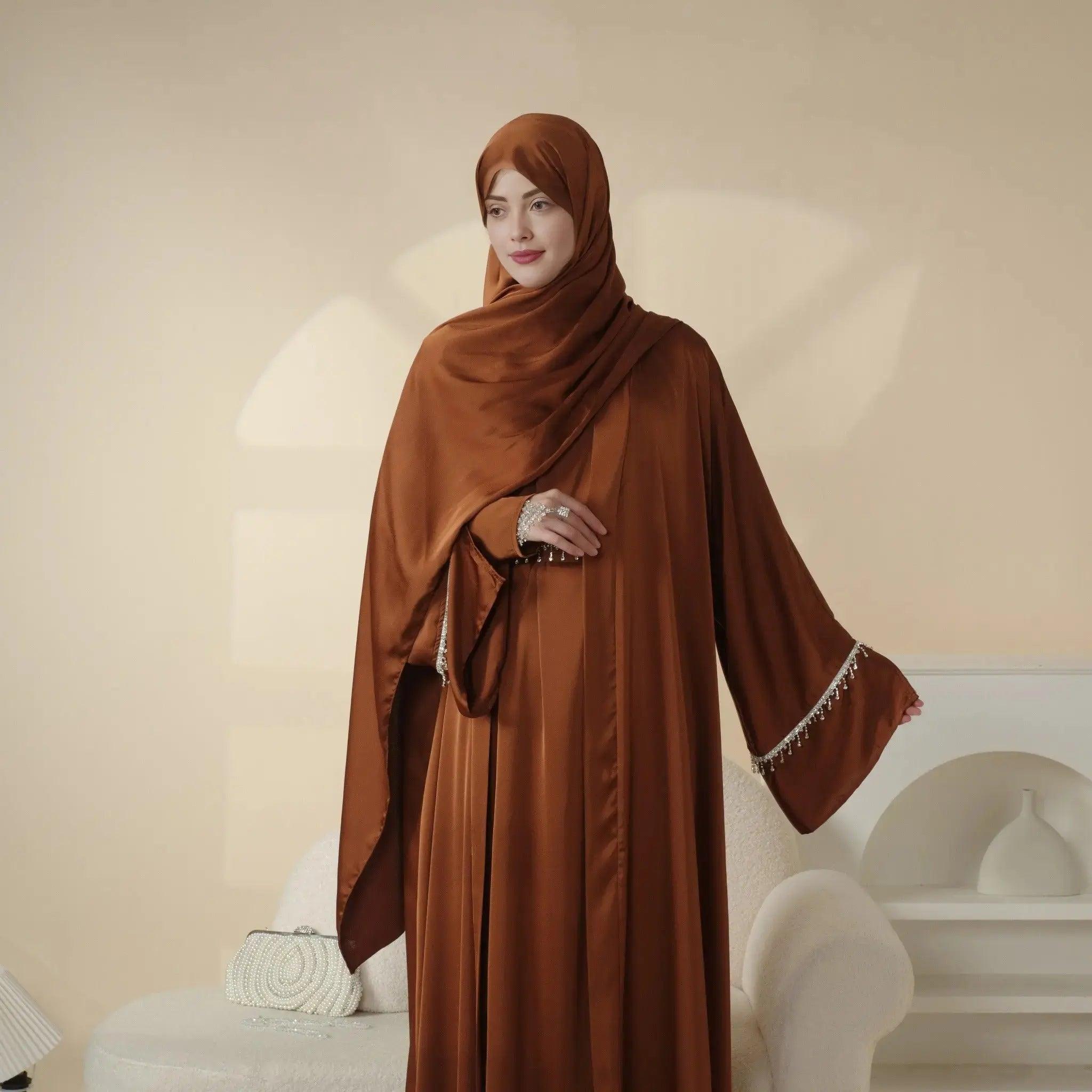 Mariam's Collection Luxury Satin Abaya With Diamond Tassels Belt,  6-Piece Set (MOA041) — detail shot 10