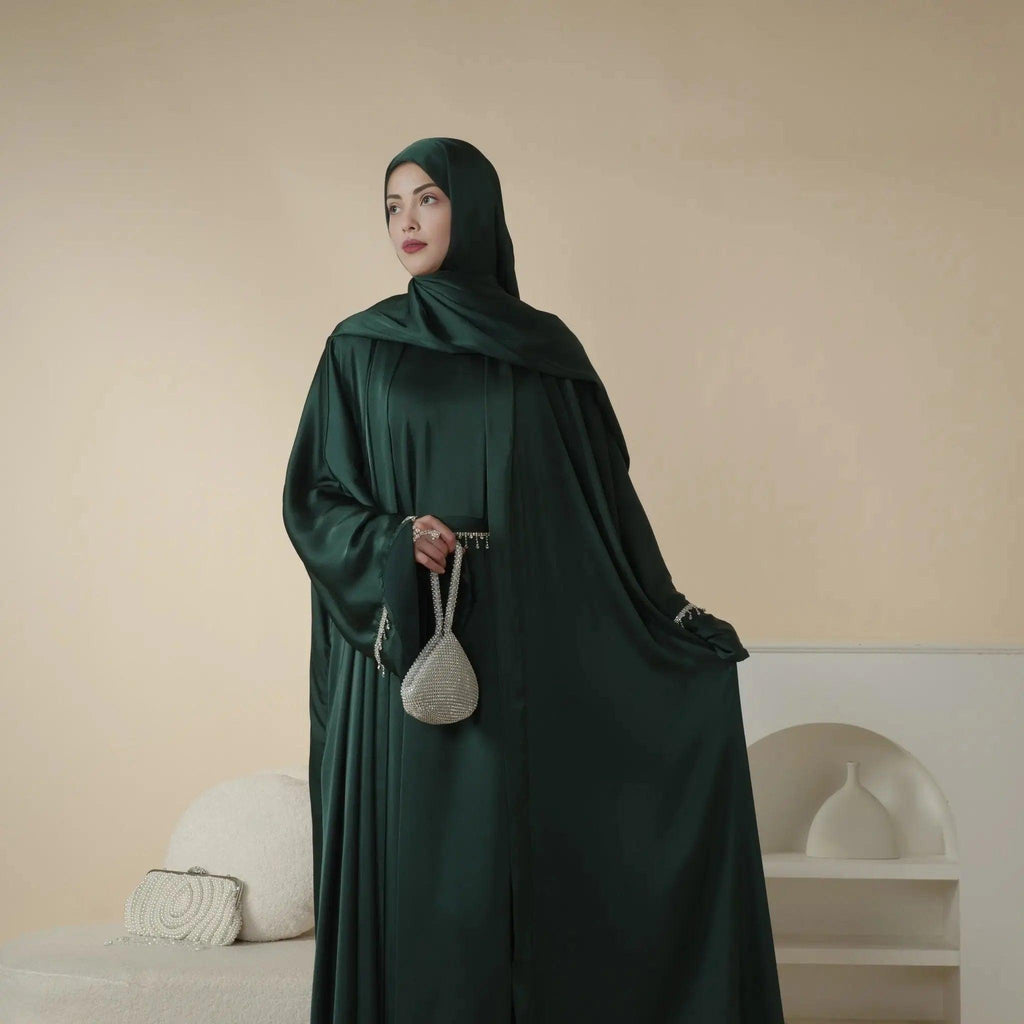 Mariam's Collection Luxury Satin Abaya With Diamond Tassels Belt,  6-Piece Set (MOA041) — fabric or material detail