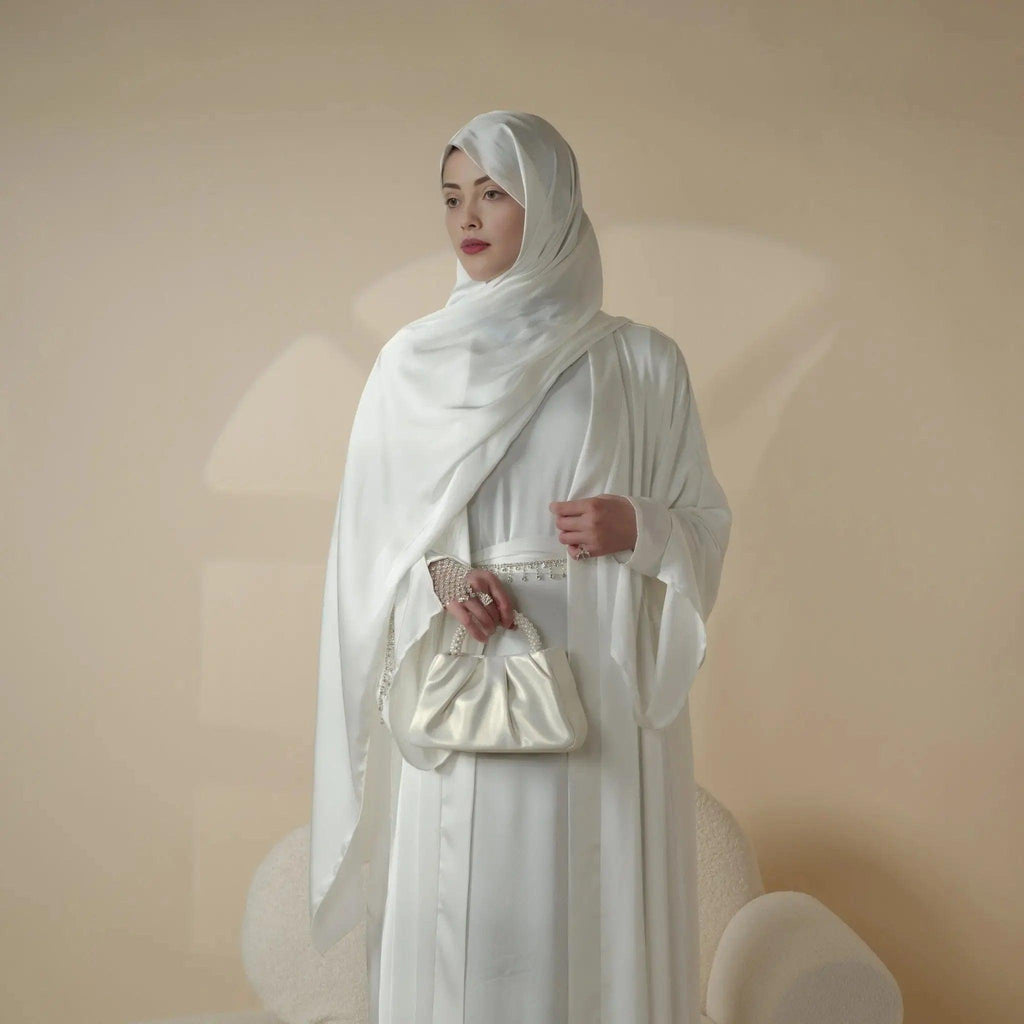 Mariam's Collection Luxury Satin Abaya With Diamond Tassels Belt,  6-Piece Set (MOA041) — detail close-up