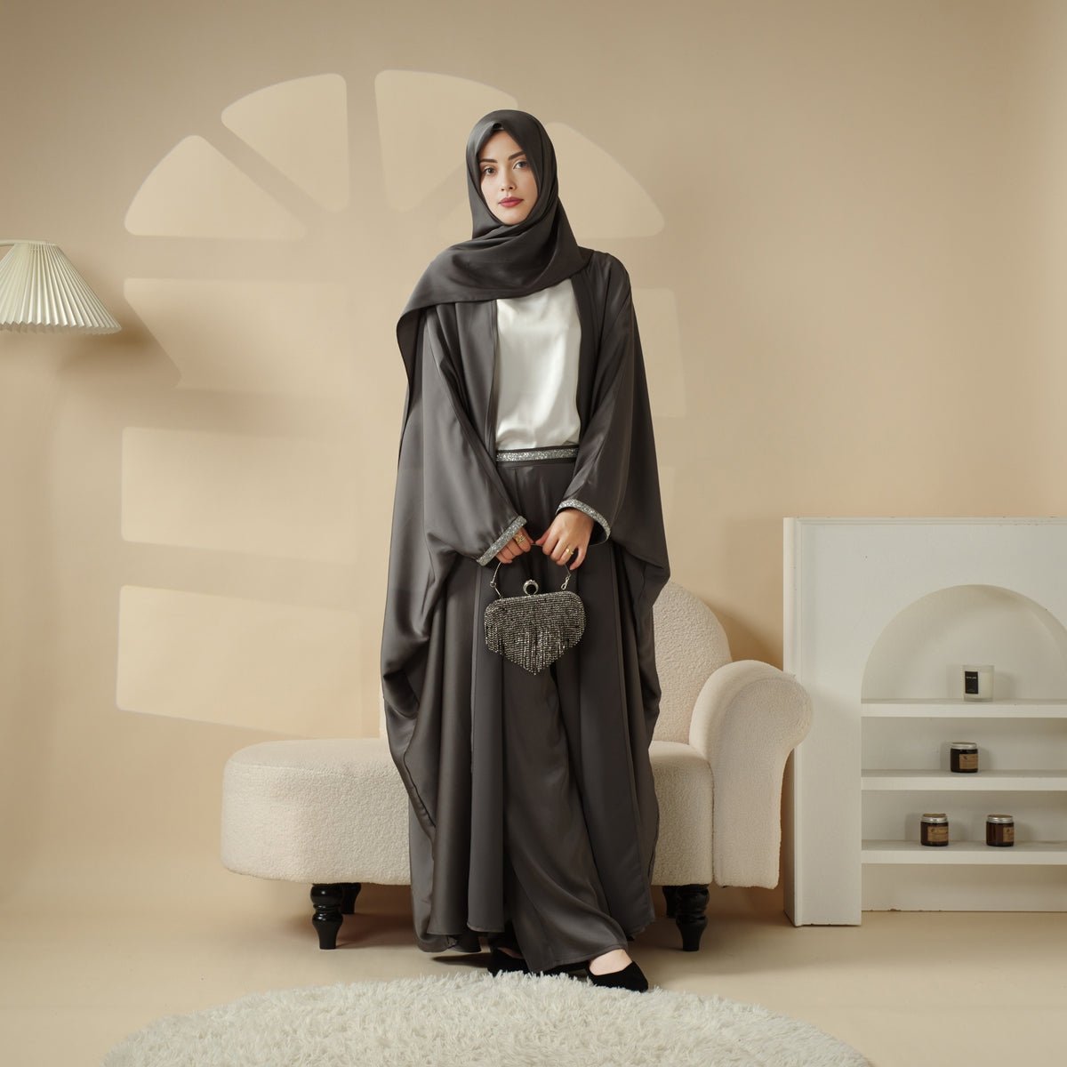 Mariam's Collection Abaya With Satin Shirt And Rhinestone Trousers | 4-Piece Set Abaya (MOA060) — product on model