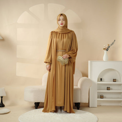 Lantern Sleeve Abaya, 4-Piece Set Large Pleated Sleeves Abaya (MOA084)