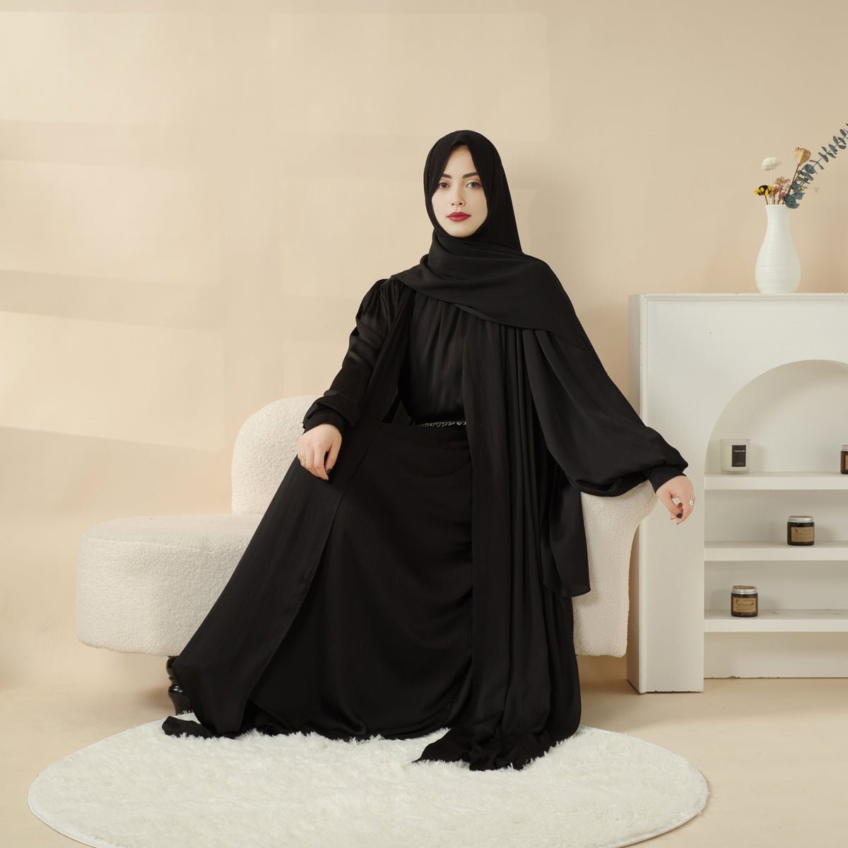 Mariam's Collection Lantern Sleeve Abaya, 4-Piece Set Large Pleated Sleeves Abaya (MOA084) — fabric or material detail