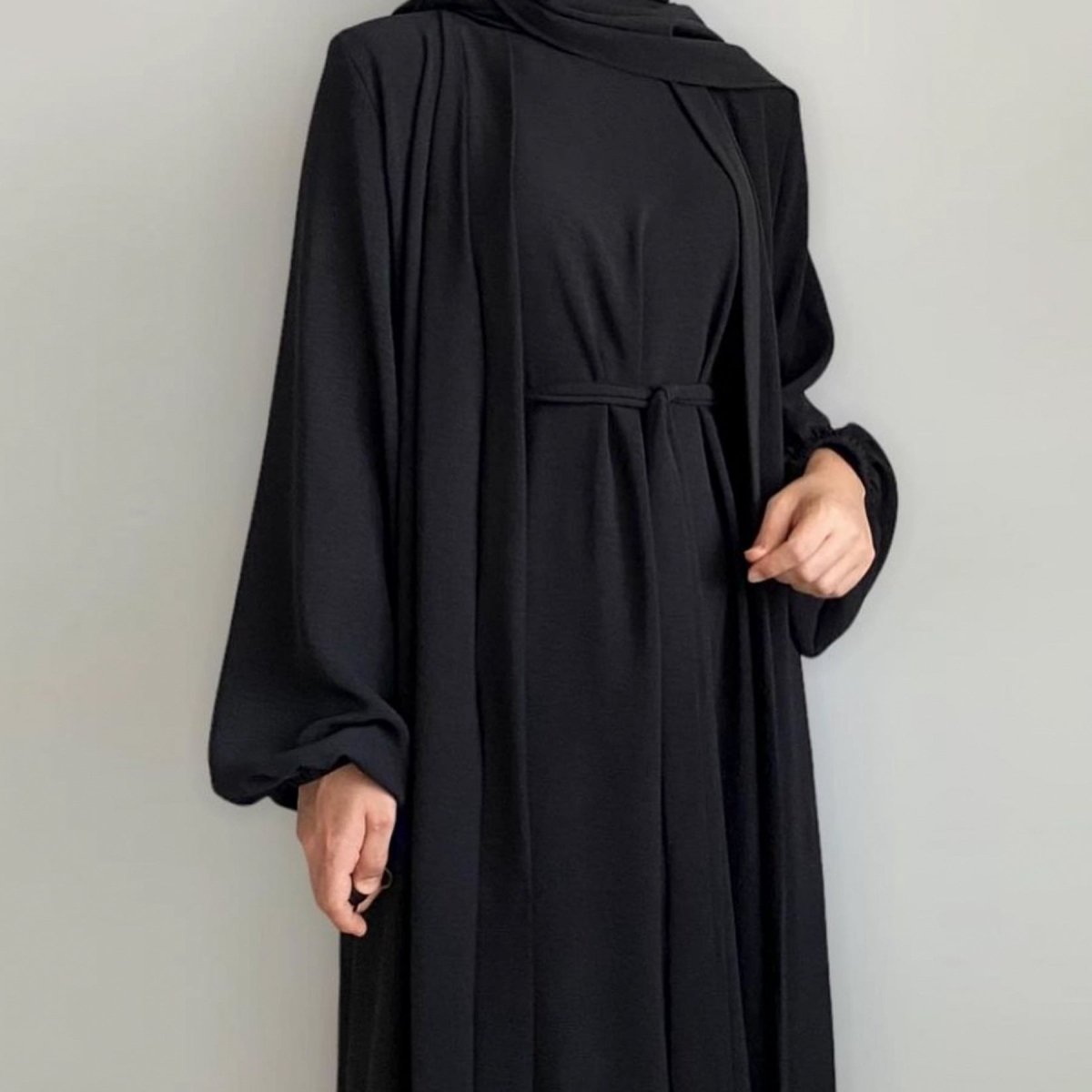 Mariam's Collection Solid Color Elegant Open Abaya with Pockets | 3-Piece Set Open Abaya (MOA092) — lifestyle worn / used context