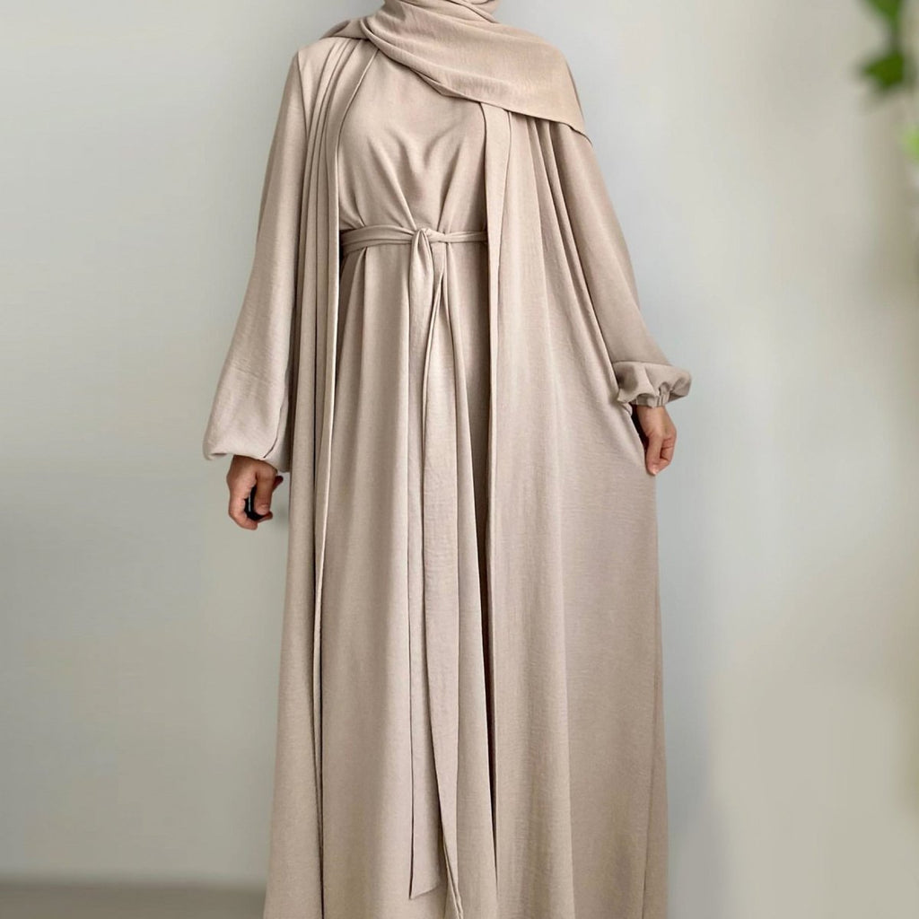 Mariam's Collection Solid Color Elegant Open Abaya with Pockets | 3-Piece Set Open Abaya (MOA092) — construction detail