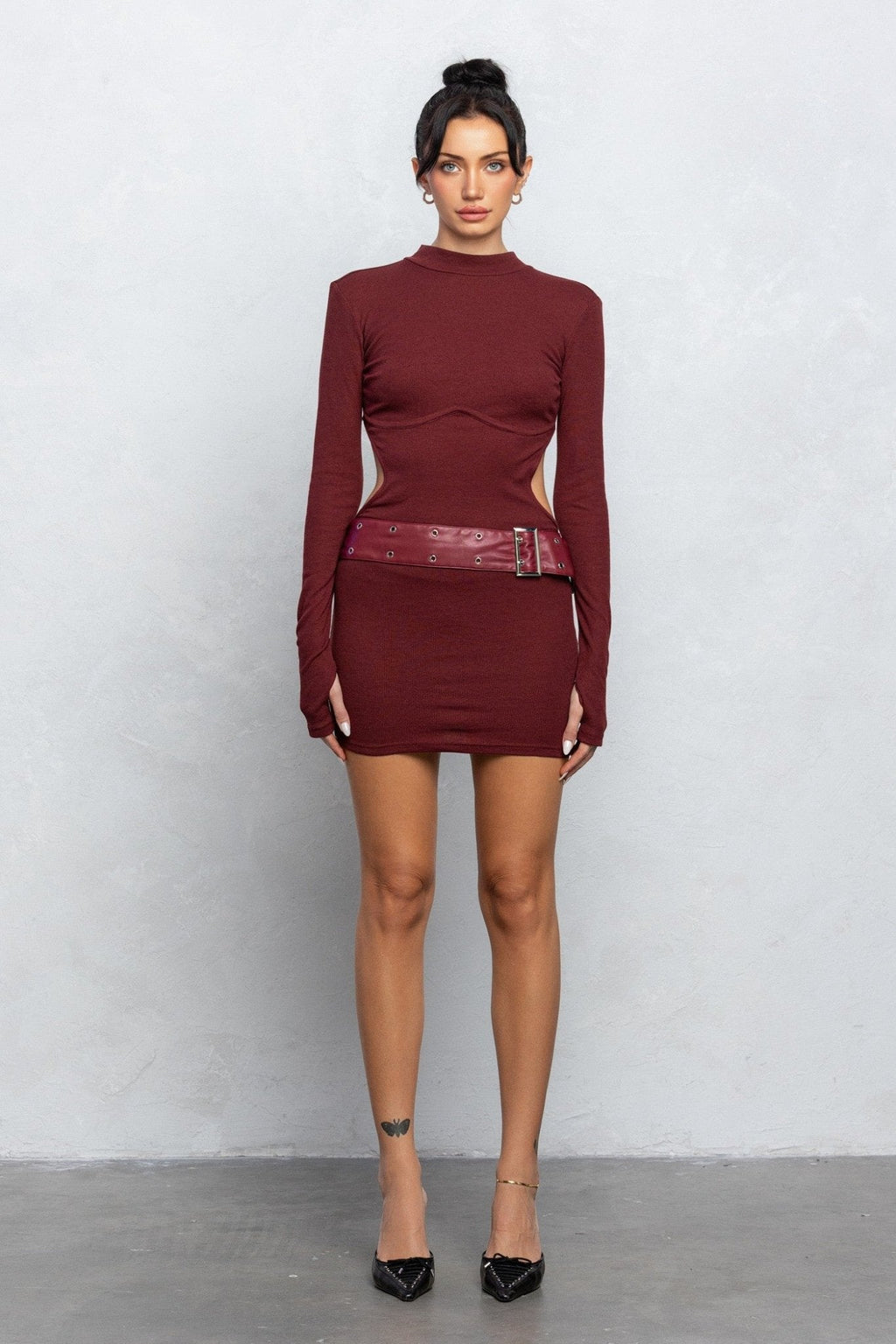 Mock Neck Belted Open Back Mini Knit Dress | Chic Ribbed Knit Style