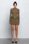 Mock Neck Belted Open Back Mini Knit Dress | Chic Ribbed Knit Style