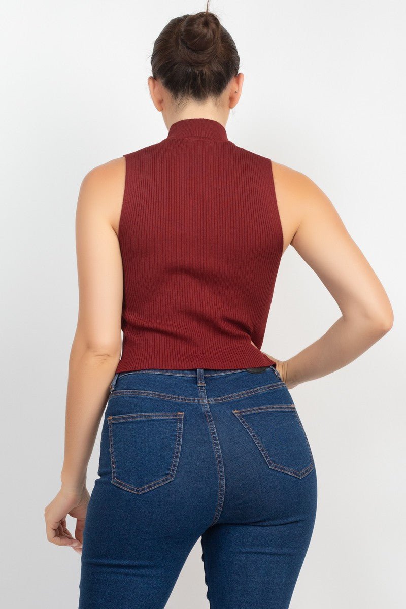 Mock Neck Ribbed Lace-Up Cutout Crop Top – Sleeveless Knit Corset Style