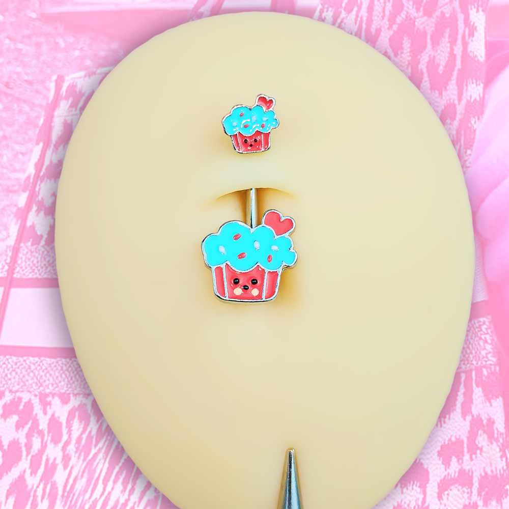 BodyCandy Sydney Belle Girlfriend Collection Sweet Happy Cupcake Pink Blue Double Mount Belly Ring — detail close-up