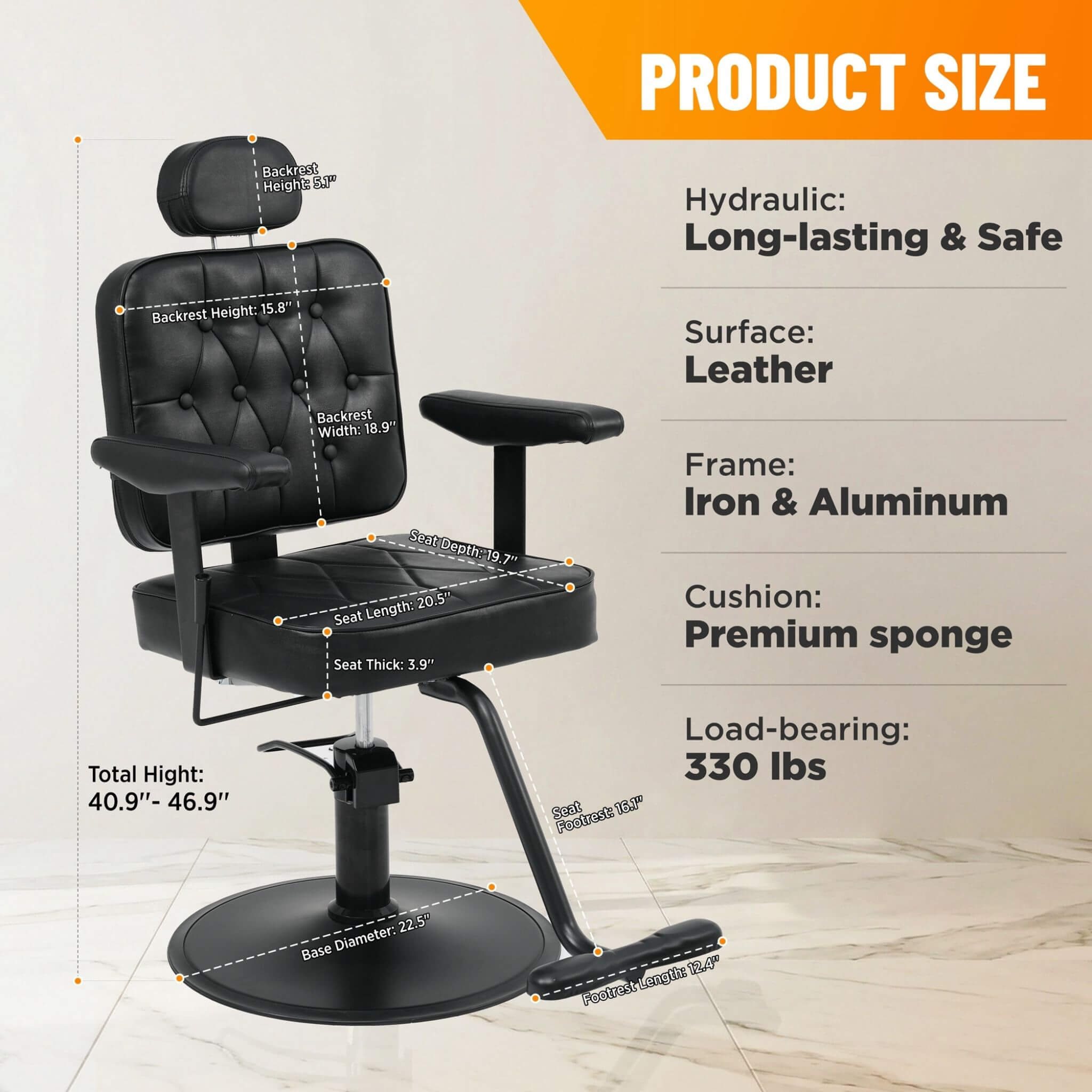 Modern Vintage Hydraulic PU Leather Reclining Barber Chair (SAK59102) – SAKSBY WHOLESALE, view 8