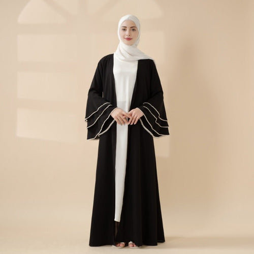 Modest Cardigan Black Robe Beaded Cuff Abaya with Layered Sleeves Elegant Design(MOA136)