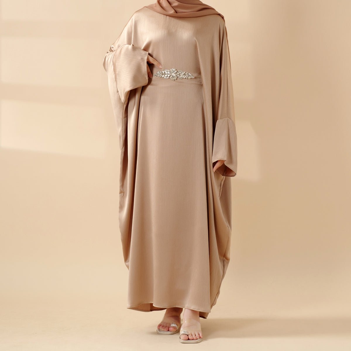 Mariam's Collection Modest Kaftan for Special Occasions: Batwing Abaya With Rhinestone Waist (MA135) — construction detail