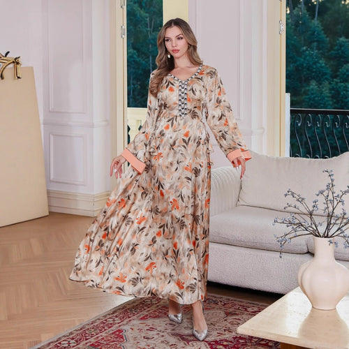 Modest Luxury Botanical Print Abaya | Cream & Orange Floral Robe Dress with Elegant Sleeve Details (MA260)