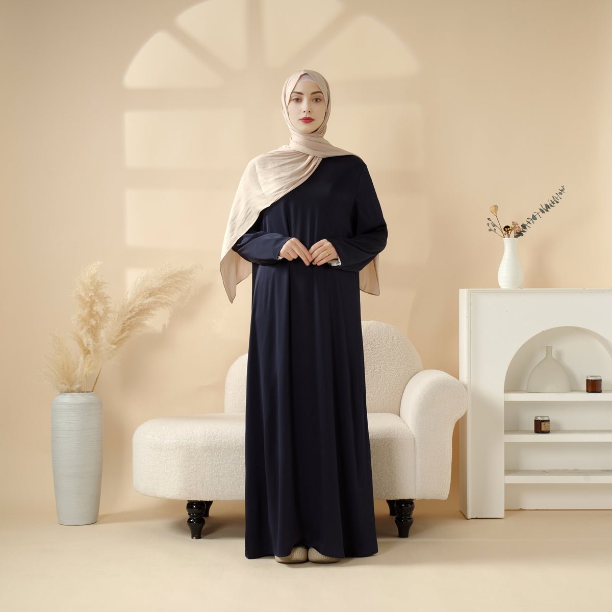 Mariam's Collection Navy Blue Pleated Abaya Set | Beaded Robe Abaya with Silver Embroidery (MOA168) — detail shot 8