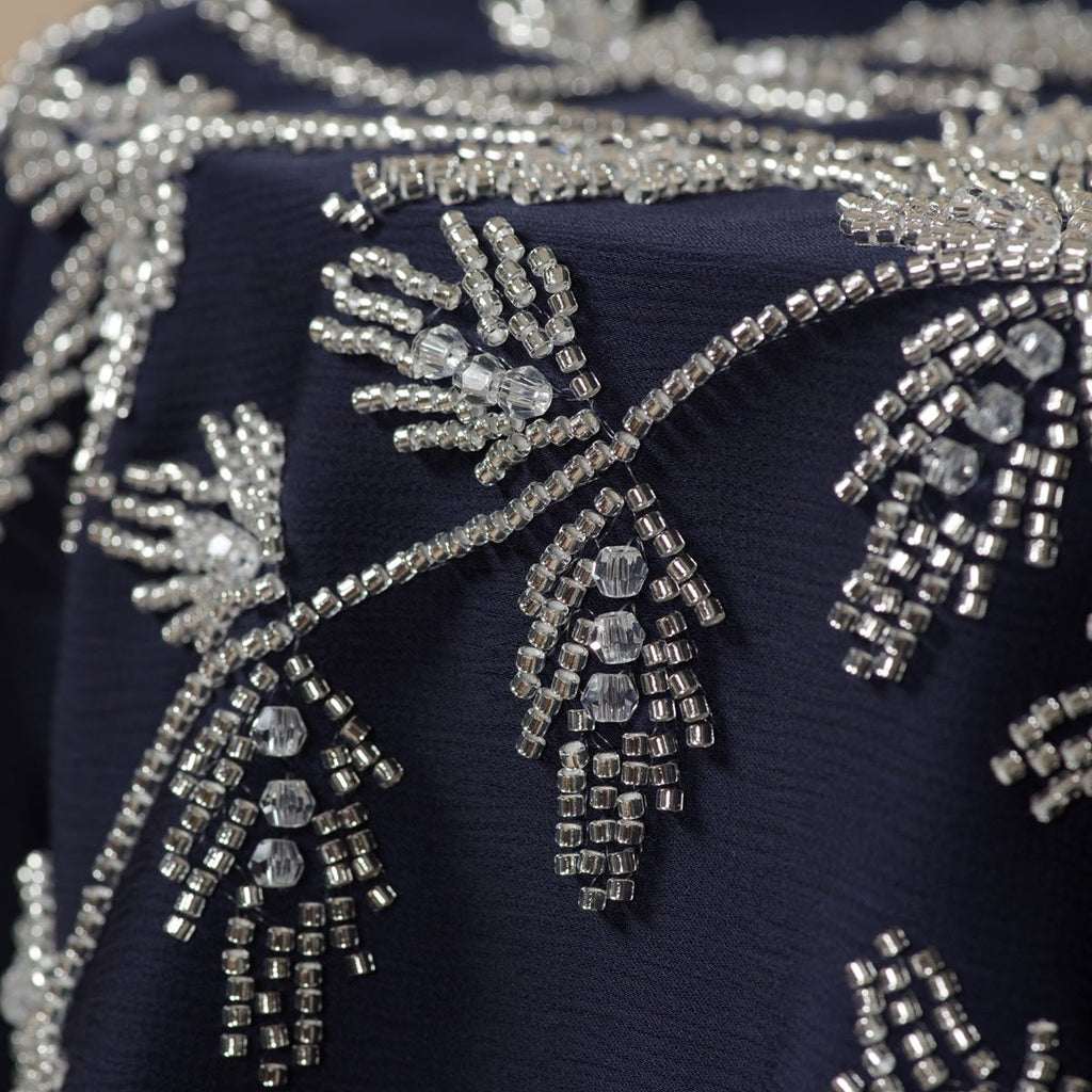 Mariam's Collection Navy Blue Pleated Abaya Set | Beaded Robe Abaya with Silver Embroidery (MOA168) — detail shot 10