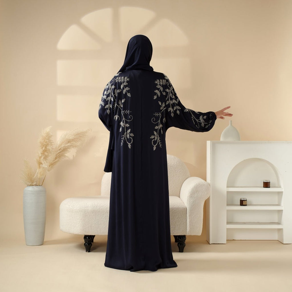 Mariam's Collection Navy Blue Pleated Abaya Set | Beaded Robe Abaya with Silver Embroidery (MOA168) — detail shot 7