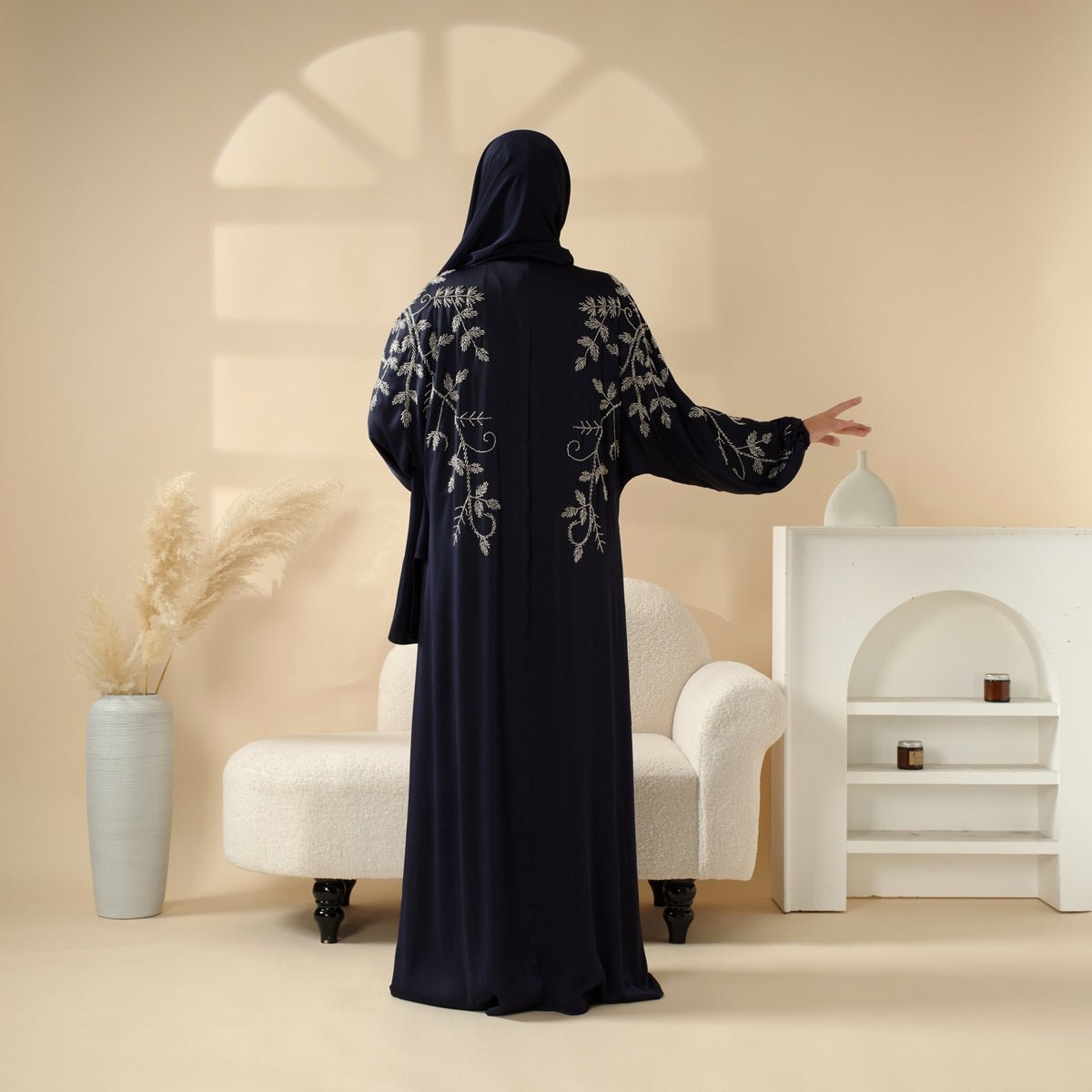 Mariam's Collection Navy Blue Pleated Abaya Set | Beaded Robe Abaya with Silver Embroidery (MOA168) — detail shot 7