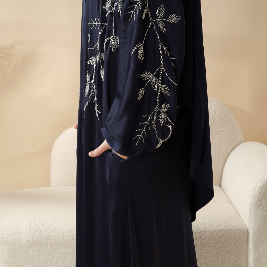 Mariam's Collection Navy Blue Pleated Abaya Set | Beaded Robe Abaya with Silver Embroidery (MOA168) — Mariam's Collection branding close-up