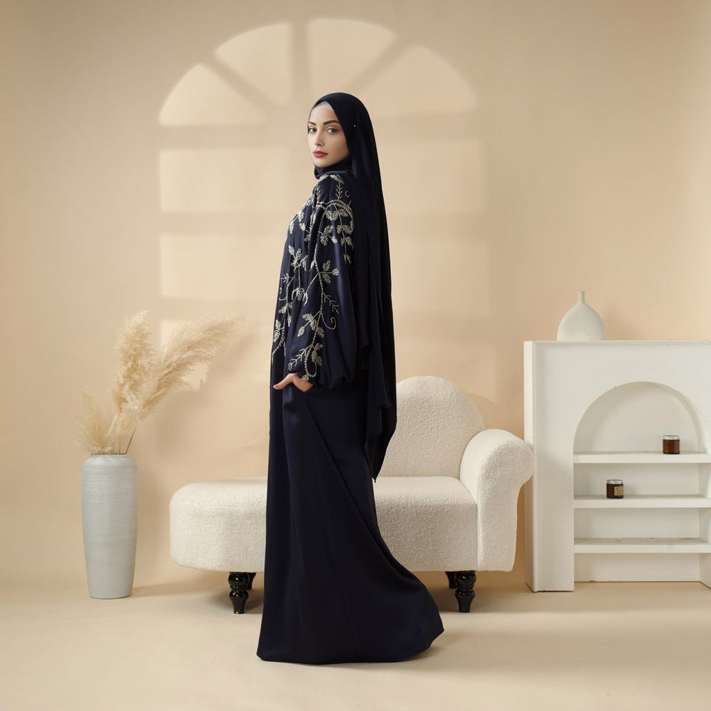 Mariam's Collection Navy Blue Pleated Abaya Set | Beaded Robe Abaya with Silver Embroidery (MOA168) — detail shot 6