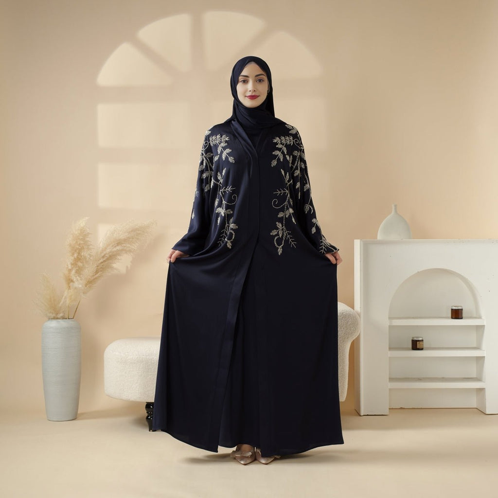 Mariam's Collection Navy Blue Pleated Abaya Set | Beaded Robe Abaya with Silver Embroidery (MOA168) — lifestyle worn / used context