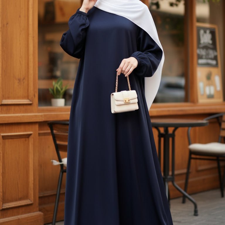 Mariam's Collection Modest Luxury Premium Satin Abaya | Umbrella Cut A-Line Abaya with Pockets (MA311) — lifestyle worn / used context