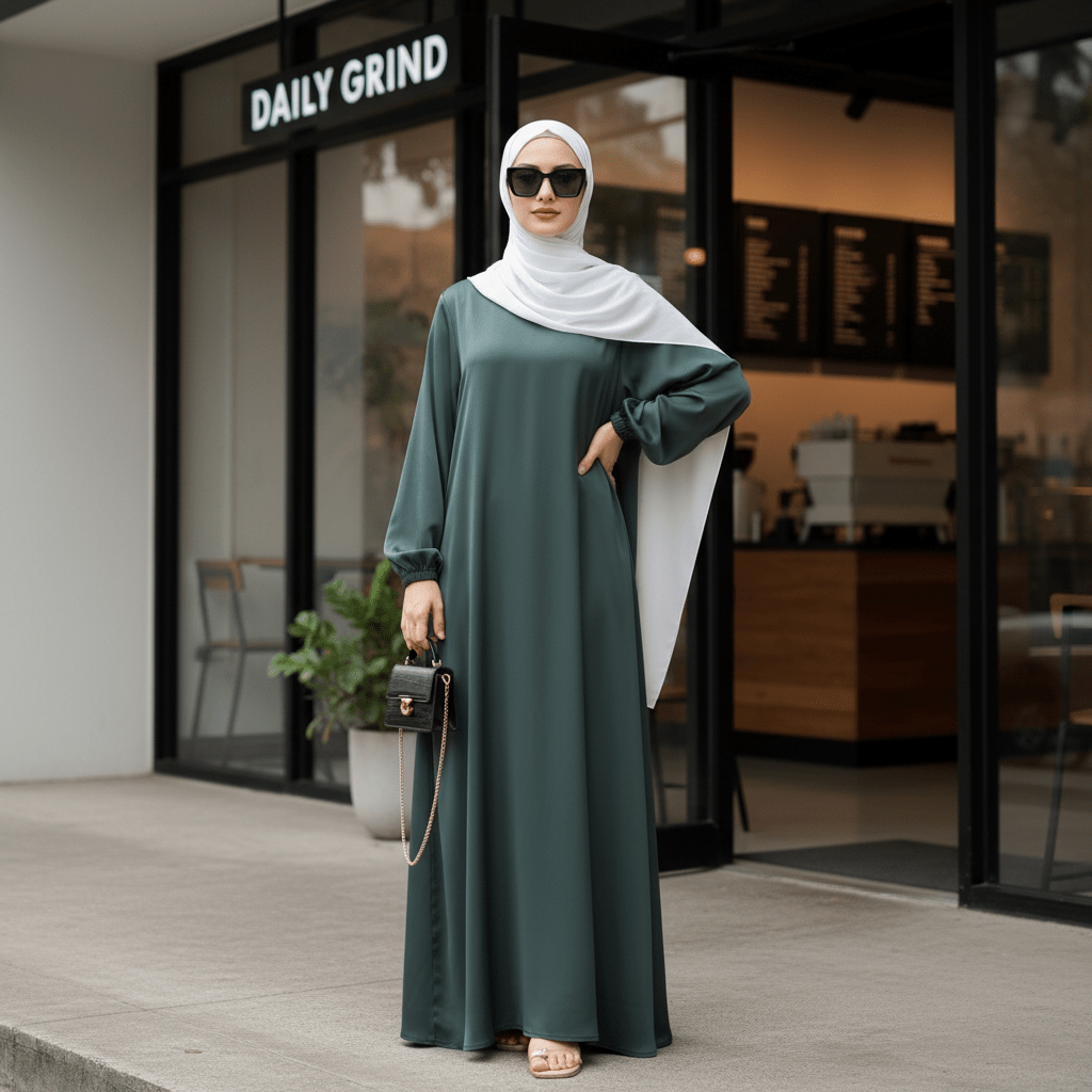 Mariam's Collection Modest Luxury Premium Satin Abaya | Umbrella Cut A-Line Abaya with Pockets (MA311) — Mariam's Collection branding close-up