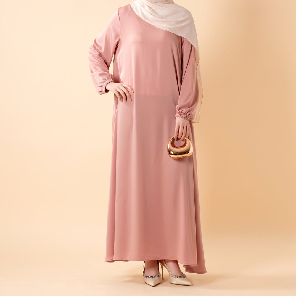 Mariam's Collection Modest Luxury Premium Satin Abaya | Umbrella Cut A-Line Abaya with Pockets (MA311) — flat-lay composition