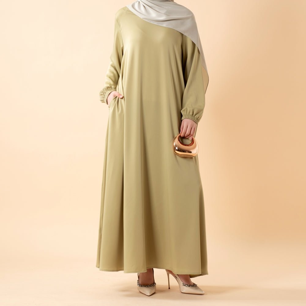 Mariam's Collection Modest Luxury Premium Satin Abaya | Umbrella Cut A-Line Abaya with Pockets (MA311) — detail close-up