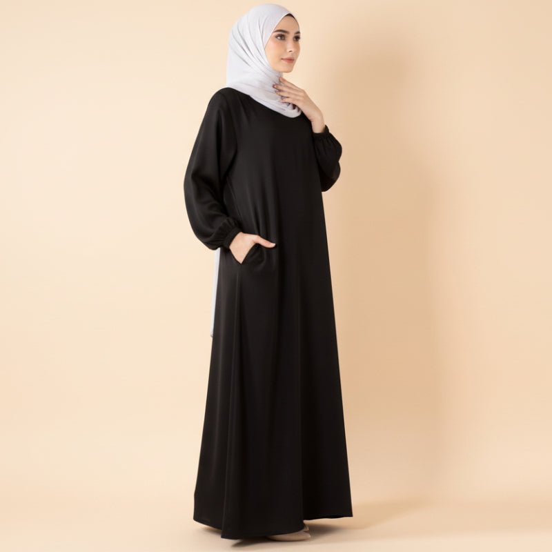 Mariam's Collection Modest Luxury Premium Satin Abaya | Umbrella Cut A-Line Abaya with Pockets (MA311) — lifestyle context