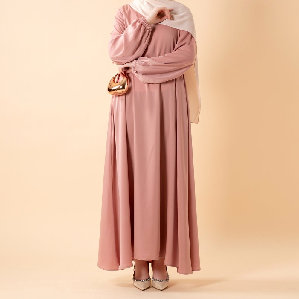 Mariam's Collection Modest Luxury Premium Satin Abaya | Umbrella Cut A-Line Abaya with Pockets (MA311) — product on model