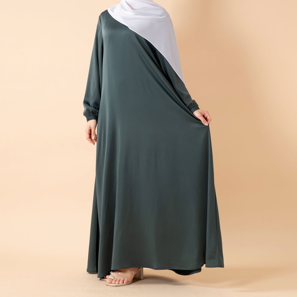 Mariam's Collection Modest Luxury Premium Satin Abaya | Umbrella Cut A-Line Abaya with Pockets (MA311) — in-use photo