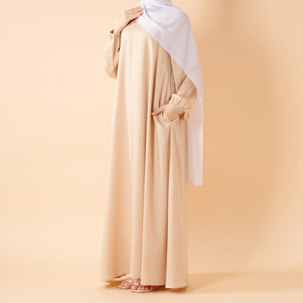 Mariam's Collection Modest Luxury Premium Satin Abaya | Umbrella Cut A-Line Abaya with Pockets (MA311) — product on model