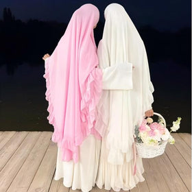 Soft Solid Color Muslim Hijabs with Flowy Cape Design |  Double-Layer Ruffle-Edged Big Swing Headscarf (MK023)
