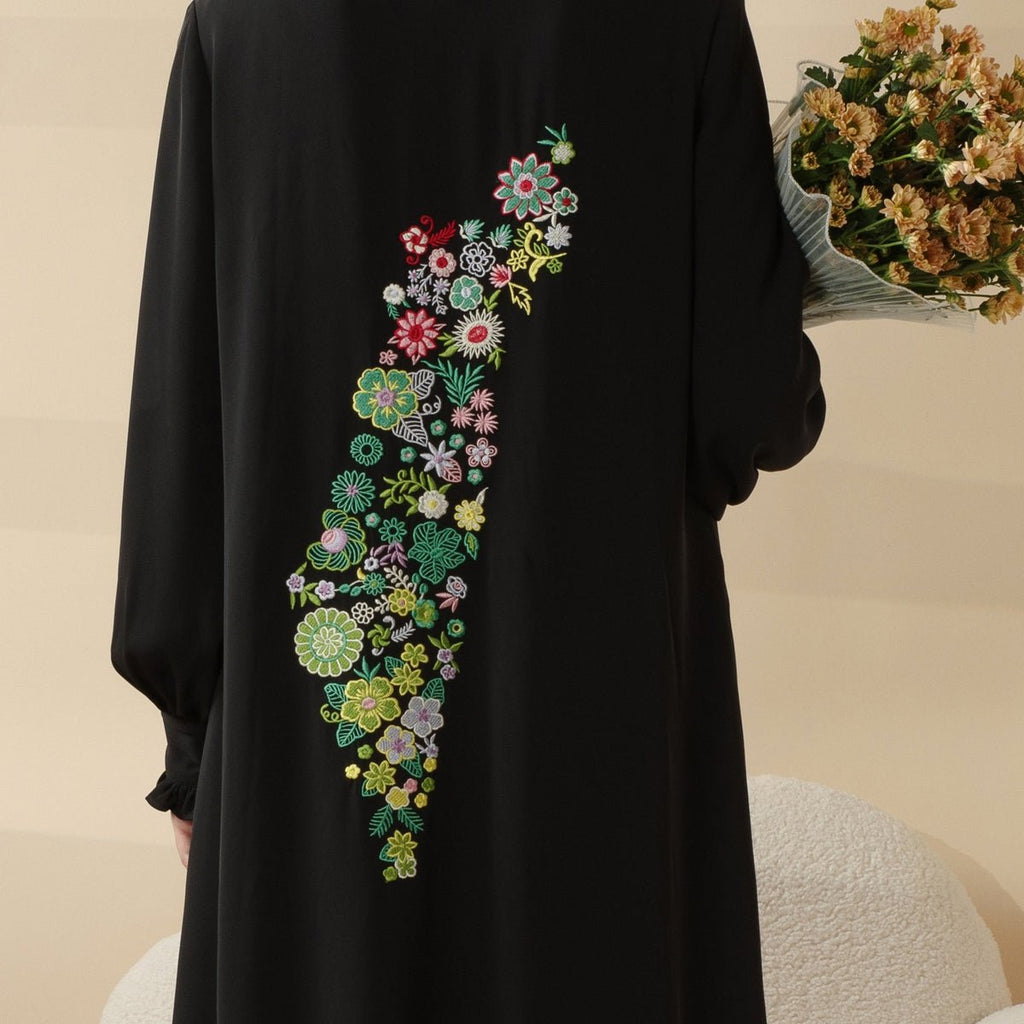 Mariam's Collection Modest Pullover Abaya with Palestinian Embroidery, Elegant Ruffled Cuff Maxi Dress (MA141) — lifestyle worn / used context