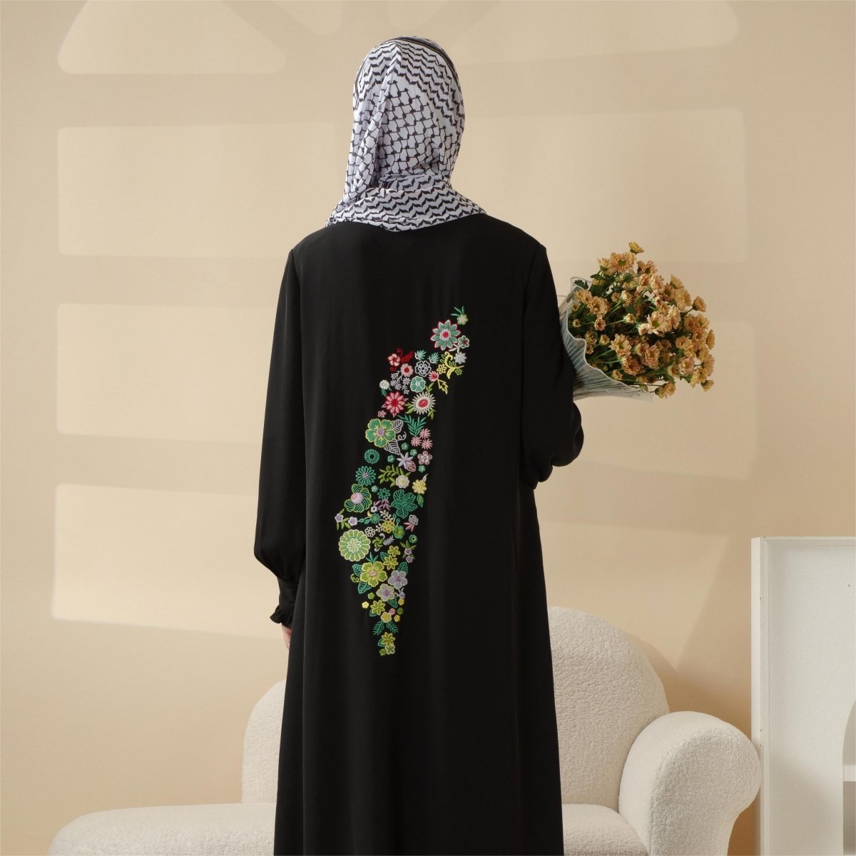 Mariam's Collection Modest Pullover Abaya with Palestinian Embroidery, Elegant Ruffled Cuff Maxi Dress (MA141) — main product shot