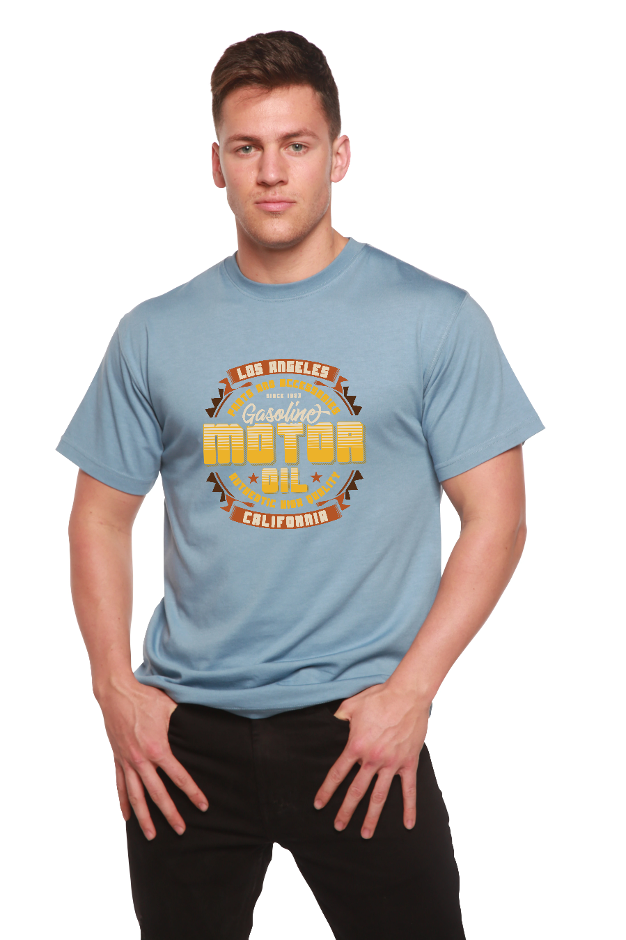 Spun Bamboo Motor oil Men's Bamboo Viscose/Organic Cotton Short Sleeve Graphic T-Shirt — flat-lay composition
