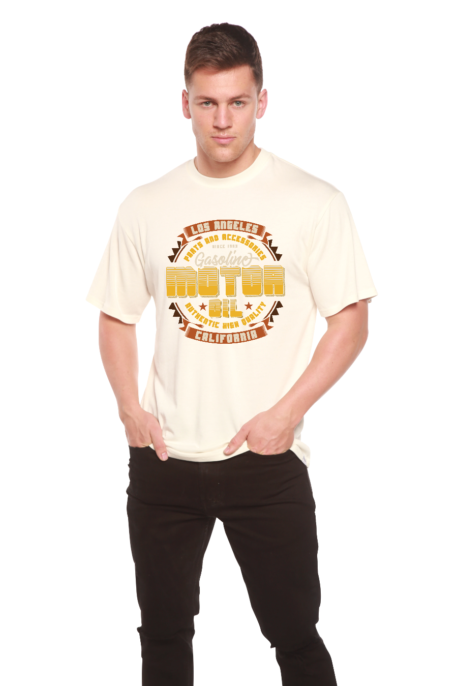 Spun Bamboo Motor oil Men's Bamboo Viscose/Organic Cotton Short Sleeve Graphic T-Shirt — side view