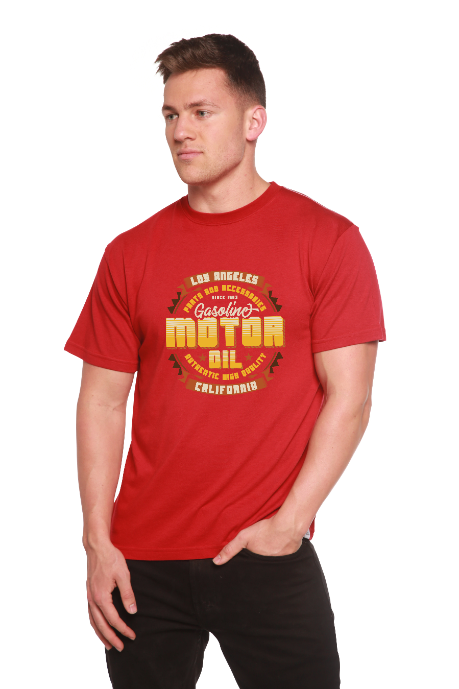 Spun Bamboo Motor oil Men's Bamboo Viscose/Organic Cotton Short Sleeve Graphic T-Shirt — product on model