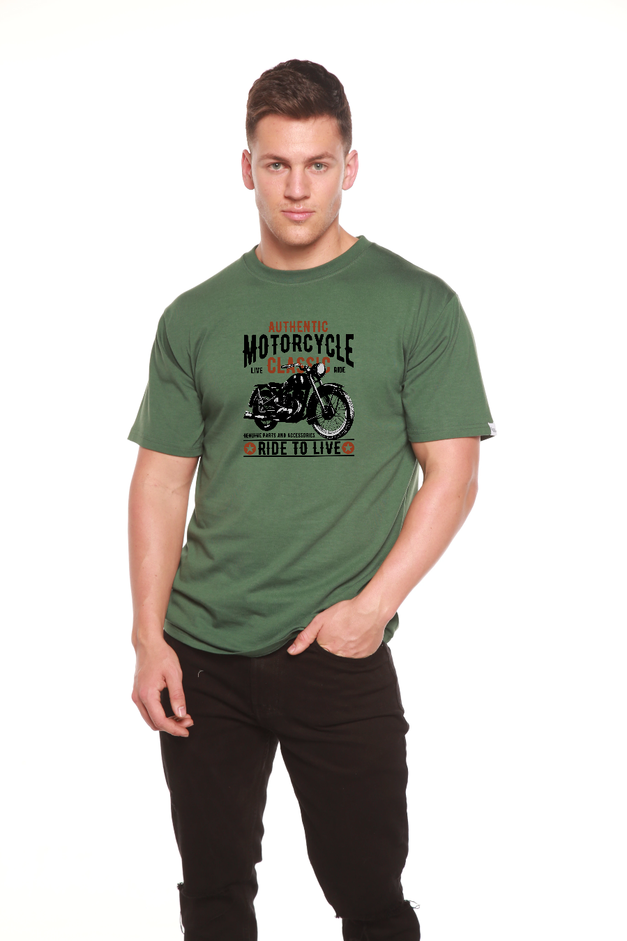 Spun Bamboo Motorcycle Classic Men's Bamboo Viscose/Organic Cotton Short Sleeve Graphic T-Shirt — packaging