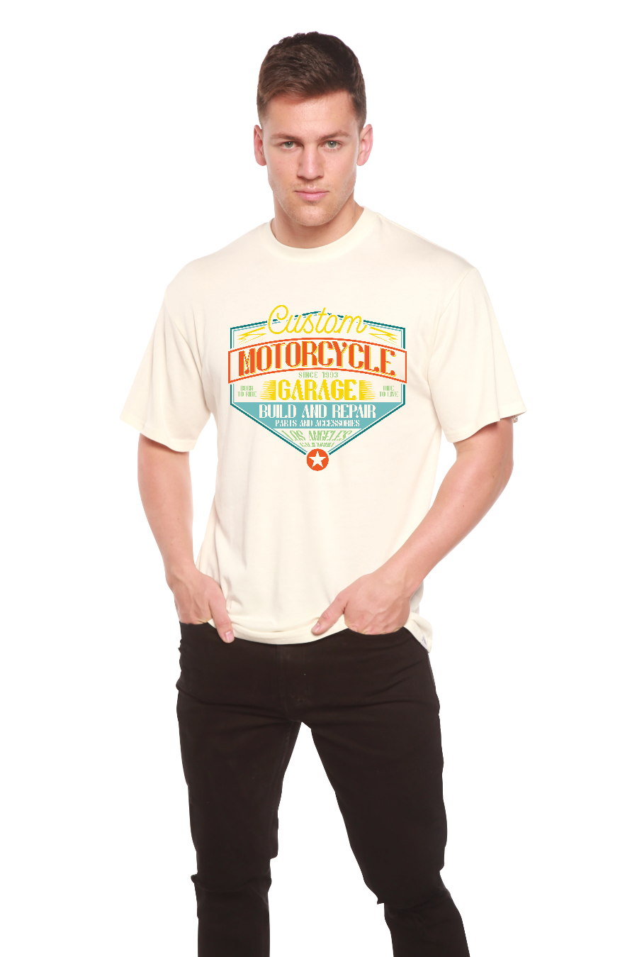 Spun Bamboo Motorcycle Garage Men's Bamboo Viscose/Organic Cotton Short Sleeve Graphic T-Shirt — lifestyle context