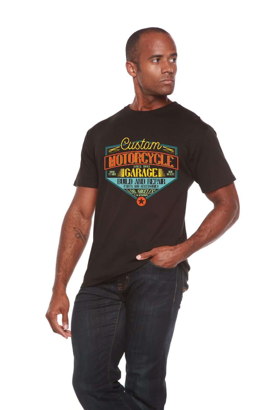 Spun Bamboo Motorcycle Garage Men's Bamboo Viscose/Organic Cotton Short Sleeve Graphic T-Shirt — alternative angle