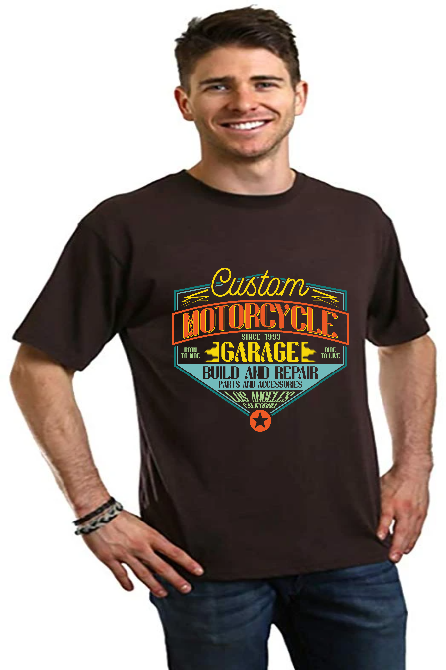 Spun Bamboo Motorcycle Garage Men's Bamboo Viscose/Organic Cotton Short Sleeve Graphic T-Shirt — in-use photo