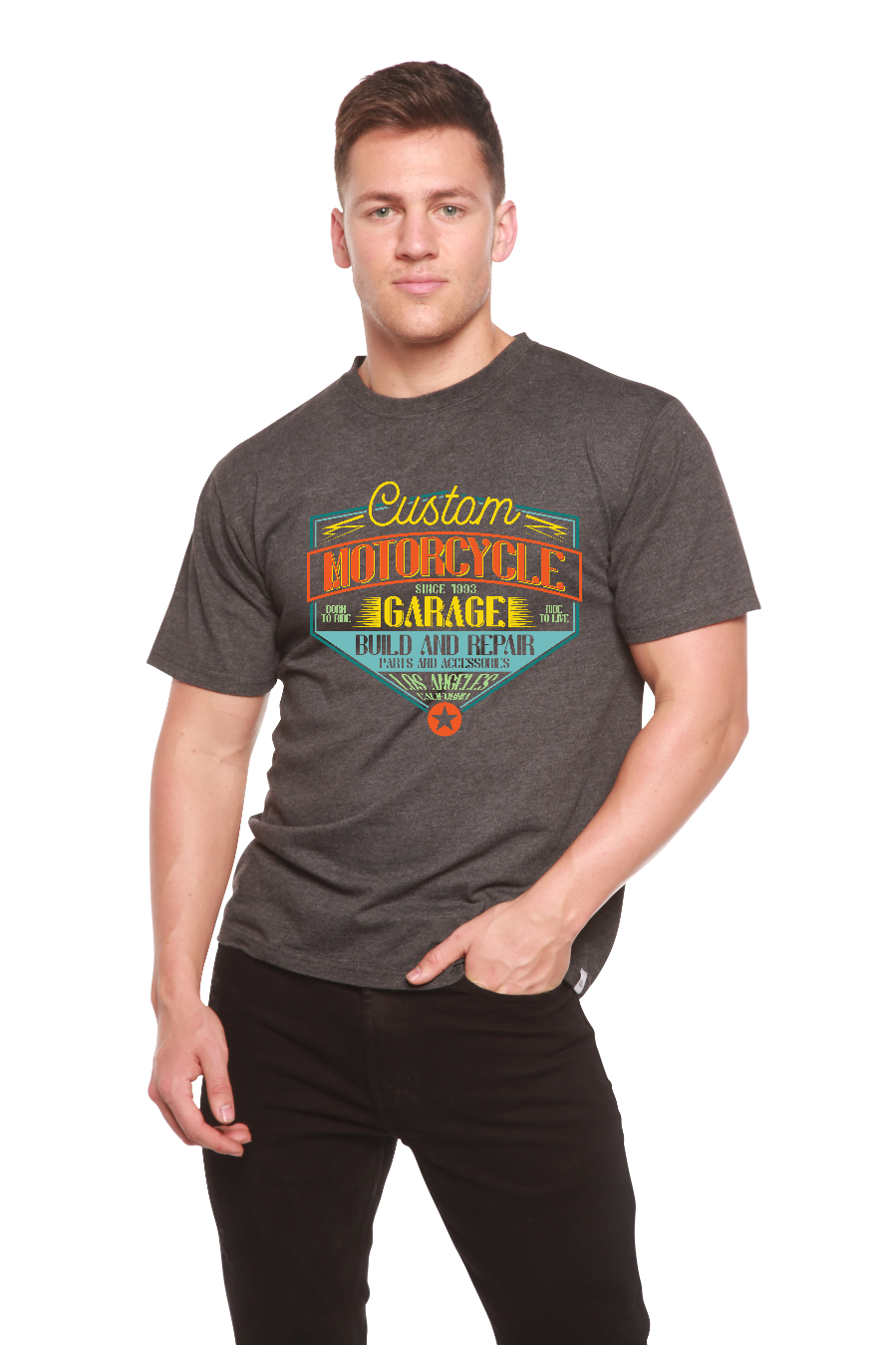 Spun Bamboo Motorcycle Garage Men's Bamboo Viscose/Organic Cotton Short Sleeve Graphic T-Shirt — back view
