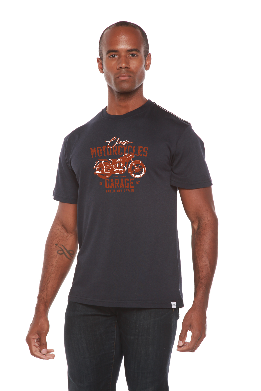 Spun Bamboo Motorcycles Garage Men's Bamboo Viscose/Organic Cotton Short Sleeve Graphic T-Shirt — size reference