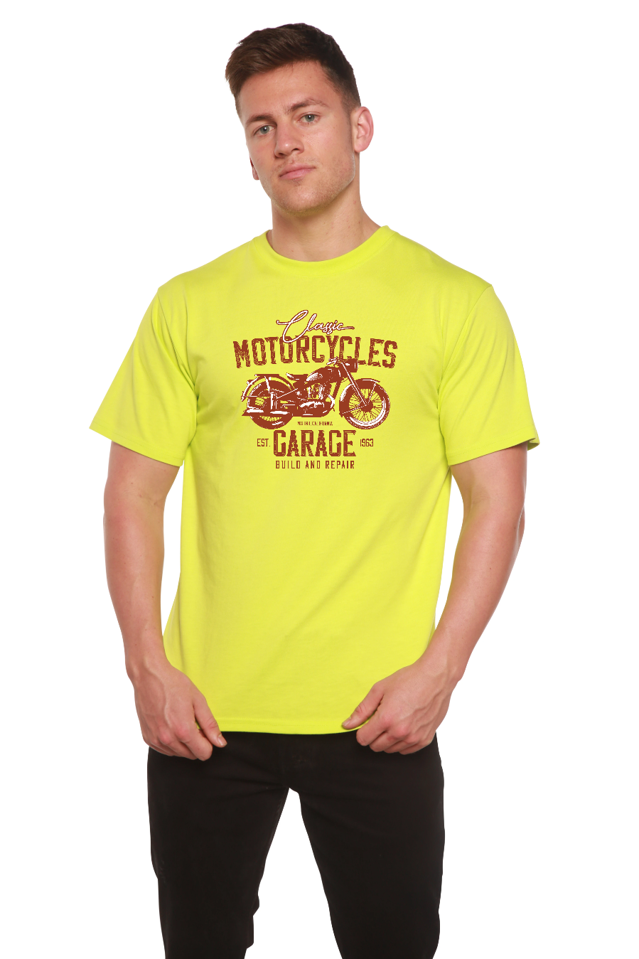 Spun Bamboo Motorcycles Garage Men's Bamboo Viscose/Organic Cotton Short Sleeve Graphic T-Shirt — color detail