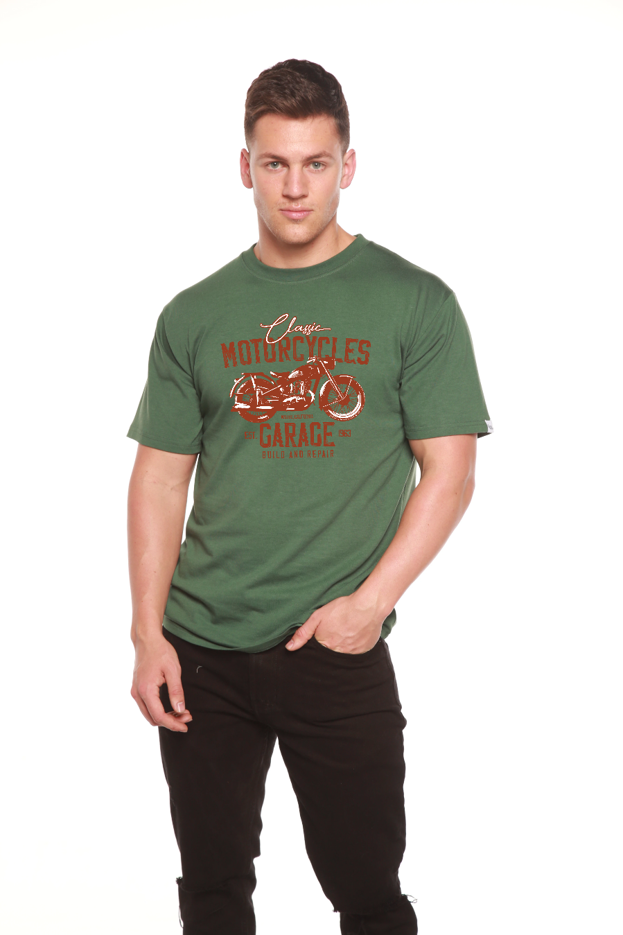 Spun Bamboo Motorcycles Garage Men's Bamboo Viscose/Organic Cotton Short Sleeve Graphic T-Shirt — feature highlight