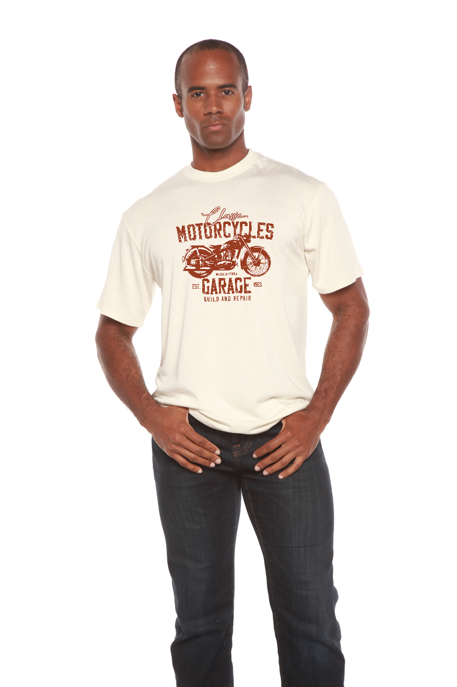 Spun Bamboo Motorcycles Garage Men's Bamboo Viscose/Organic Cotton Short Sleeve Graphic T-Shirt — packaging