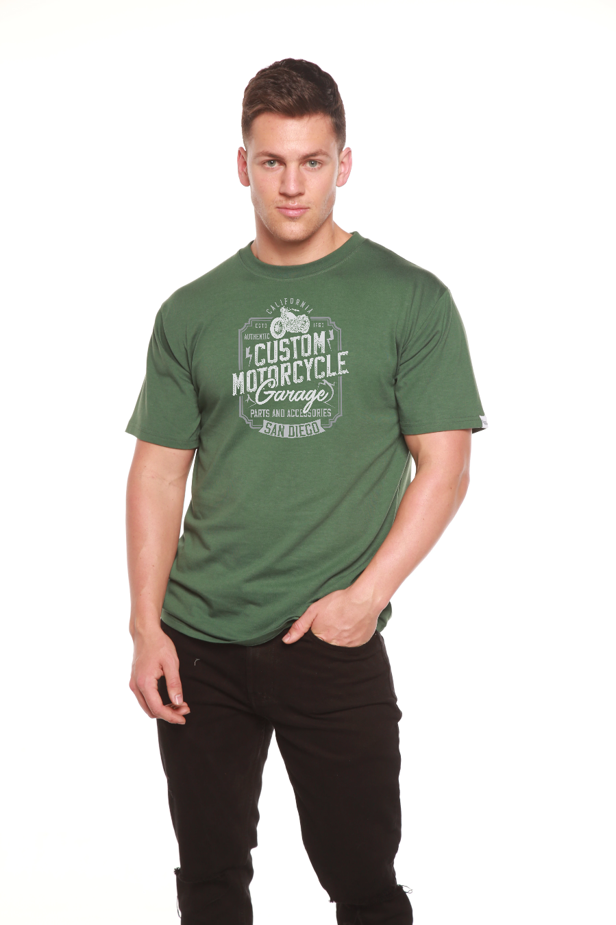 Spun Bamboo Mototrcycle Garage Men's Bamboo Viscose/Organic Cotton Short Sleeve Graphic T-Shirt — feature highlight