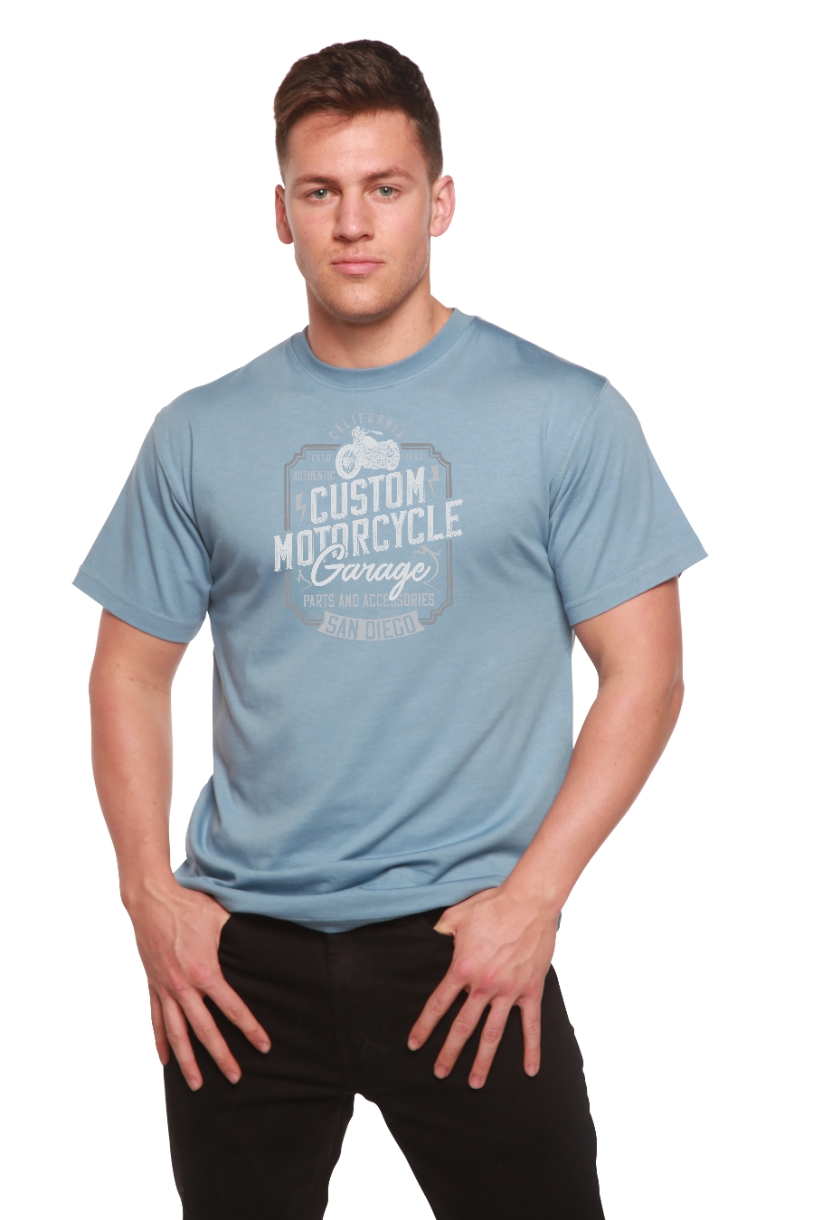 Spun Bamboo Mototrcycle Garage Men's Bamboo Viscose/Organic Cotton Short Sleeve Graphic T-Shirt — lifestyle context